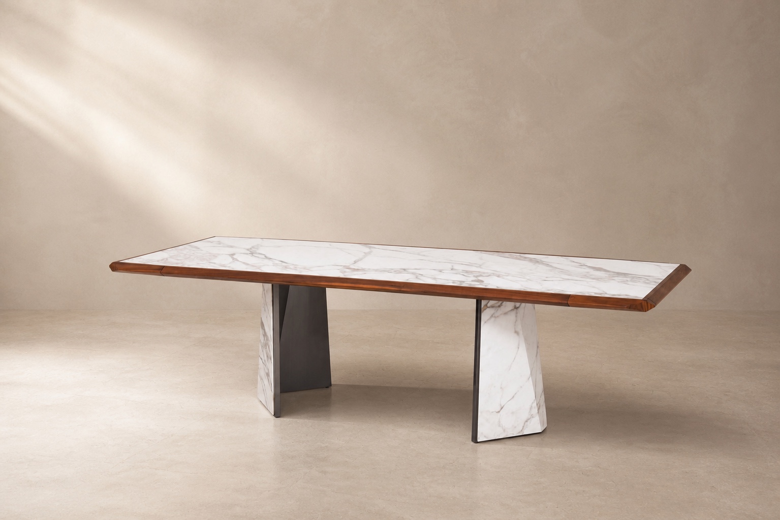 Bespoke Dining Table — Natural marble · walnut · architectural base