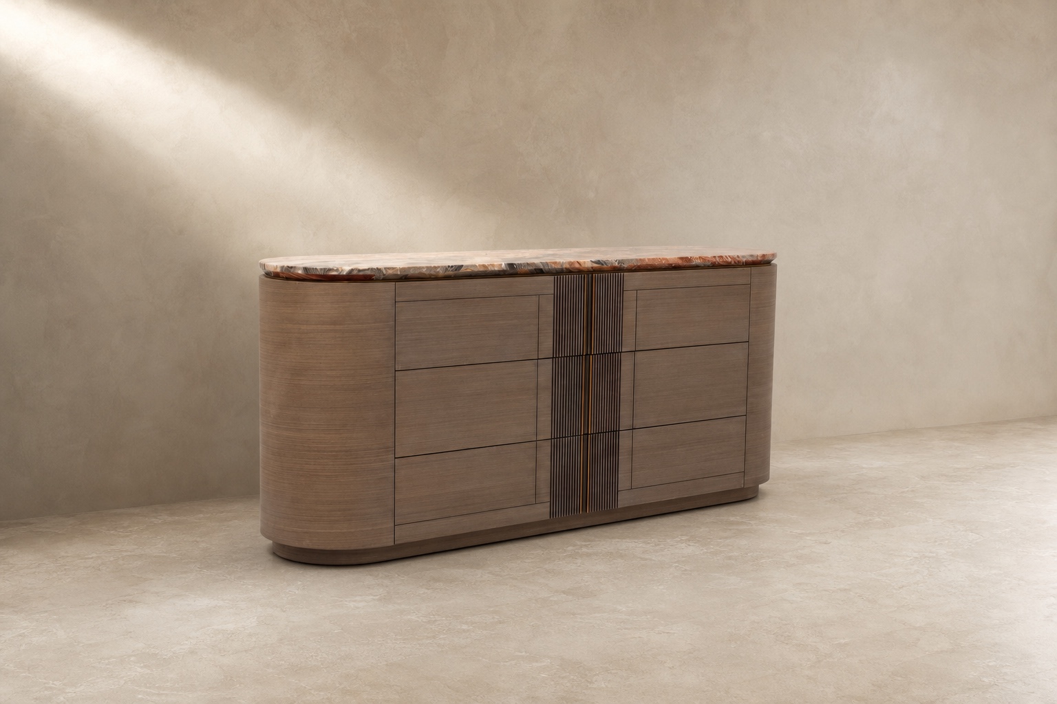 Curved Sideboard — Timber veneer · natural stone top · metal inlay